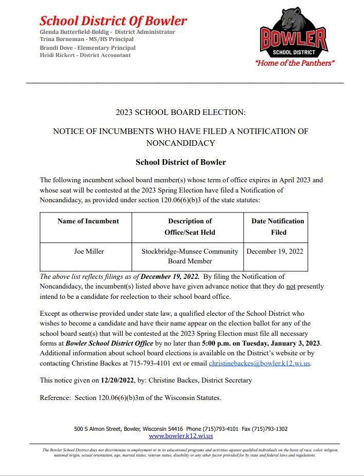 2023 School Board Election | Bowler School District
